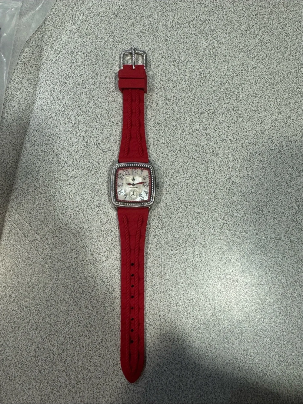 New Judith Ripka Stainless Steel Square Dial Watch with Red Silicone Strap